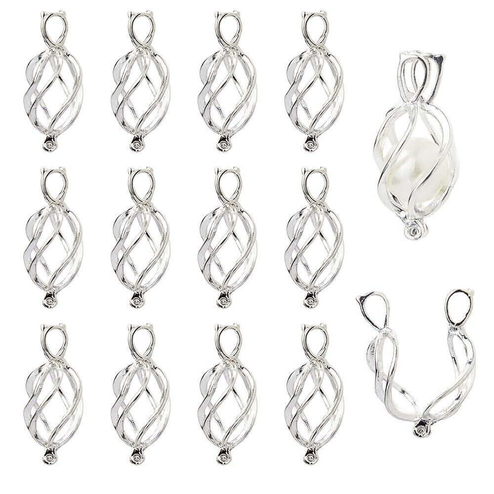 1459 14Pcs Brass Locket Teardrop Shape Pendants Hollow Silver Cage Pendants